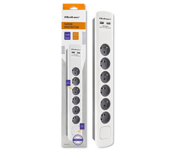 QOLTEC antyprzepięciowa - 6 gniazd, 2x USB, 1.8m, biało-szara - 1122594 - zdjęcie 8